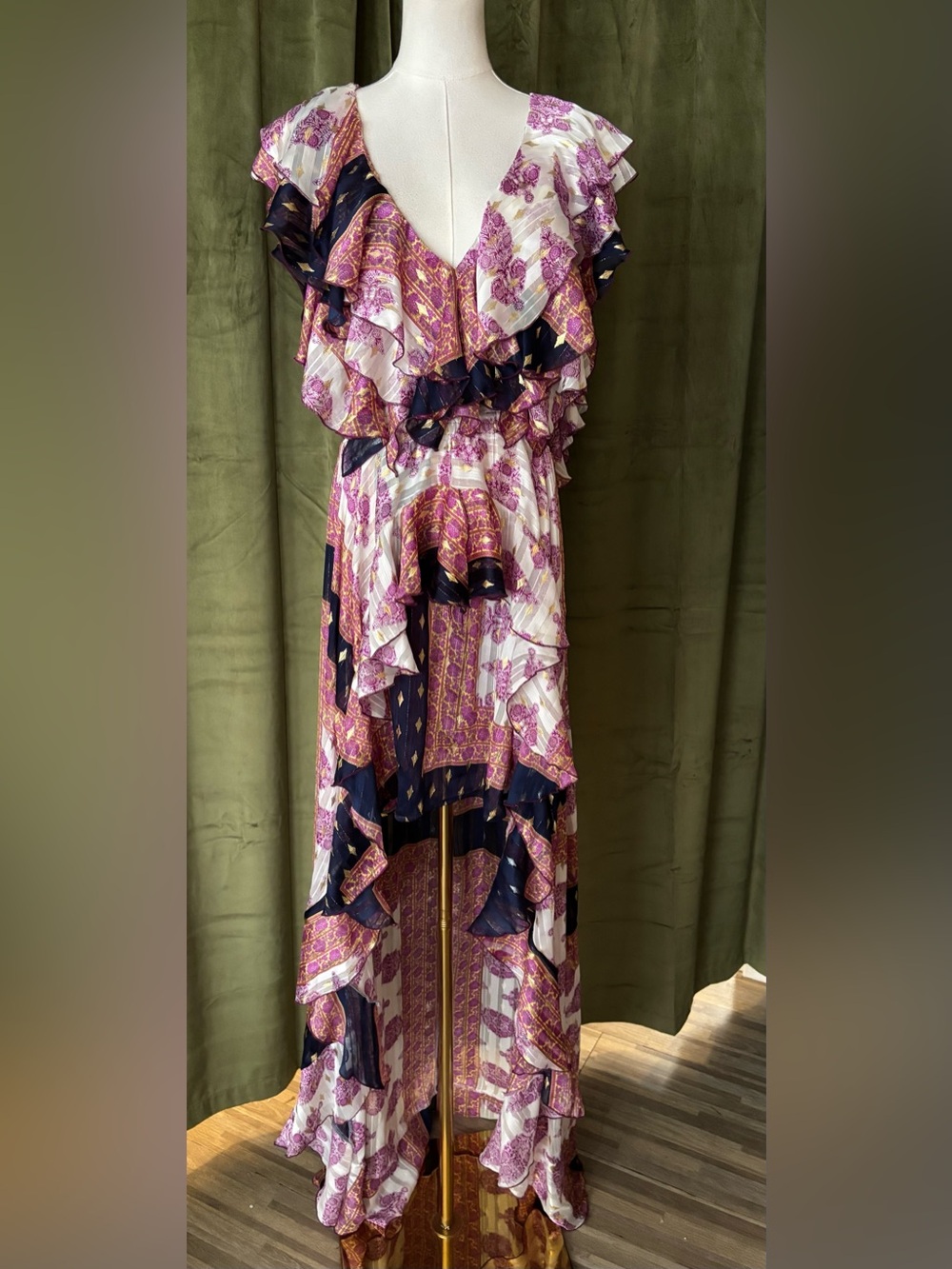 monaco Pink & Navy Ruffled Maxi Asymmetrical Dress, M